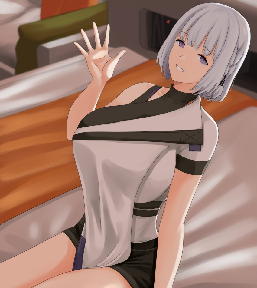 1girl alternate_costume bedroom black_shorts braid breasts cyka dress feet_out_of_frame girls'_frontline girls'_frontline_2:_exilium hand_up heart highres large_breasts medium_hair open_mouth purple_eyes rpk-16_(girls'_frontline) short_sleeves shorts sitting smile solo white_dress white_hair