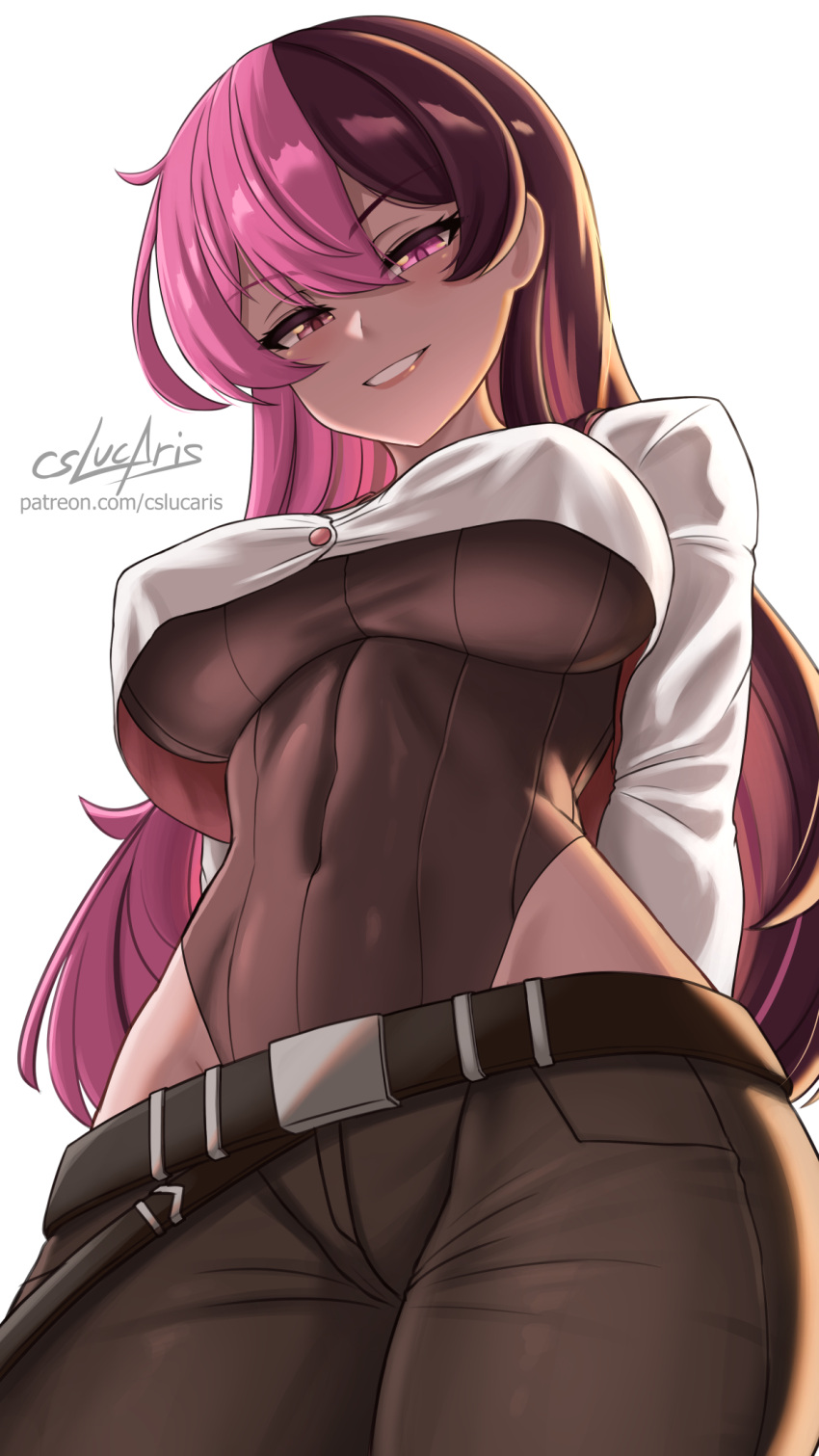 1girl arms_behind_back artist_name belt belt_buckle breasts brown_hair buckle commentary covered_navel covered_nipples cowboy_shot cslucaris english_commentary hair_between_eyes highres leotard long_hair looking_at_viewer multicolored_hair neo_politan pants parted_lips patreon_username pink_eyes pink_hair rwby simple_background smirk solo teeth two-tone_hair watermark white_background