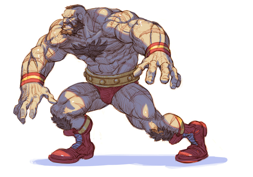 1boy abs beard bingoman boots brown_hair chest_hair facial_hair from_side frown full_body highres large_hands large_pectorals looking_ahead male_focus mohawk muscular muscular_male navel nipples pectorals short_hair street_fighter thick_eyebrows topless_male wrestling_outfit zangief