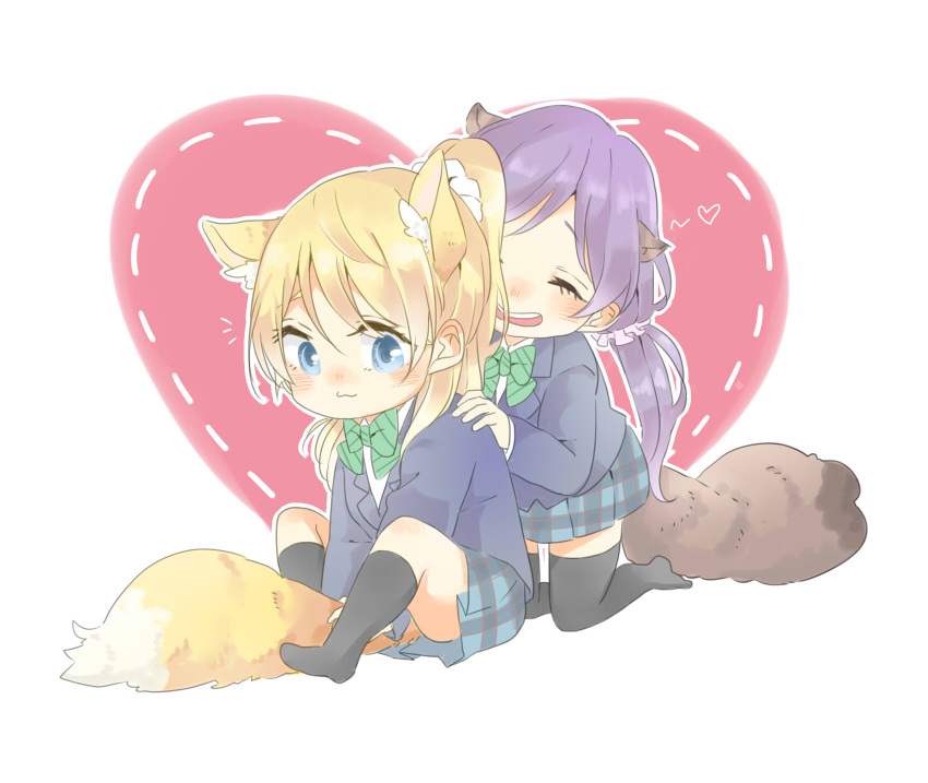 2girls :3 animal_ear_fluff animal_ears ayase_eli black_socks black_thighhighs blazer blonde_hair blue_jacket blue_skirt blush bow bowtie chibi closed_eyes closed_mouth commentary_request fox_ears fox_girl fox_tail green_bow green_bowtie green_eyes hair_ornament hair_scrunchie highres jacket kashikaze kemonomimi_mode kneehighs kneeling long_hair long_sleeves love_live! love_live!_school_idol_project low_twintails multiple_girls no_shoes open_mouth otonokizaka_school_uniform outline plaid plaid_skirt pleated_skirt ponytail purple_hair purple_scrunchie raccoon_ears raccoon_girl raccoon_tail school_uniform scrunchie shirt sitting skirt socks striped striped_bow striped_bowtie tail teeth thighhighs toujou_nozomi twintails upper_teeth_only white_outline white_scrunchie white_shirt yuri zettai_ryouiki