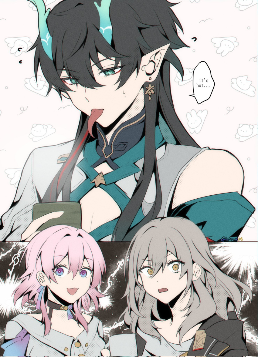 1boy 2girls black_choker black_hair blue_eyes cellphone choker commentary dan_heng_(honkai:_star_rail) dan_heng_(imbibitor_lunae)_(honkai:_star_rail) dragon_horns earrings english_commentary green_eyes grey_hair highres holding holding_phone honkai:_star_rail honkai_(series) horns jewelry long_hair long_tongue looking_down march_7th_(honkai:_star_rail) multiple_girls open_mouth pectoral_cleavage pectorals phone pink_hair pointy_ears seha smartphone stelle_(honkai:_star_rail) surprised tongue tongue_out trailblazer_(honkai:_star_rail) yellow_eyes