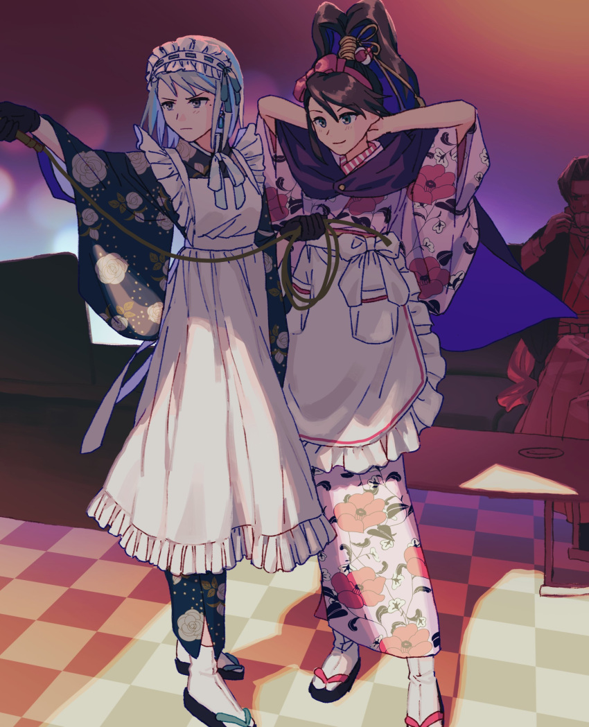 1boy 2girls absurdres ace_attorney ace_attorney_investigations apron aqua_hair black_gloves black_hair blue_eyes checkered_floor cup earrings floral_print floral_print_kimono franziska_von_karma gloves hair_between_eyes high_ponytail highres holding holding_cup holding_whip japanese_clothes jewelry kay_faraday kimono long_sleeves maid_headdress miles_edgeworth multiple_girls oshaberi_usagi sandals smile socks table teacup whip white_apron white_socks wide_sleeves