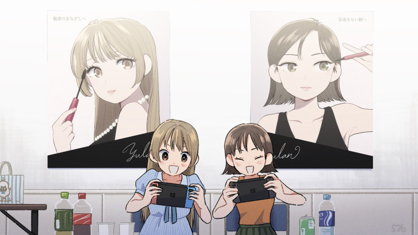 2girls :d applying_makeup bare_shoulders bead_necklace beads black_dress blue_dress blush bottle brown_eyes brown_hair closed_eyes closed_mouth collarbone dot_nose dress facing_viewer forehead green_skirt grin handheld_game_console highres holding holding_handheld_game_console jewelry kojiro337 light_brown_hair long_bangs long_hair looking_at_viewer multiple_girls necklace nintendo_switch open_mouth orange_shirt original parted_bangs pleated_skirt poster_(object) raised_eyebrows shirt short_hair sidelocks skirt sleeveless sleeveless_dress smile soda_bottle upper_body water_bottle
