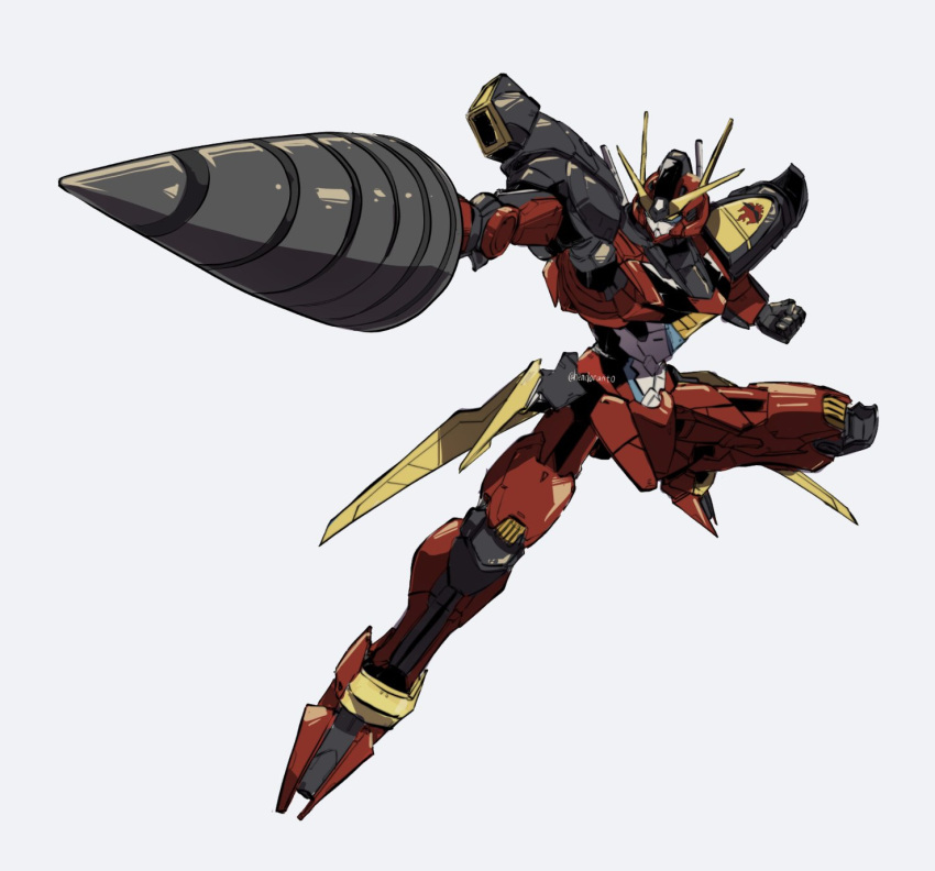 clenched_hand commentary drill english_commentary full_body fusion gundam gundam_aerial gundam_suisei_no_majo gurren-lagann hendoranto highres looking_ahead mecha no_humans robot science_fiction simple_background solo tengen_toppa_gurren_lagann twitter_username v-fin white_background yellow_eyes