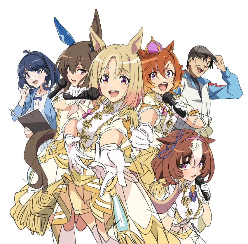 1boy 5girls :3 absurdres admire_vega_(umamusume) animal_ears black_hair blonde_hair brown_hair crown ear_covers half-skirt highres horse_ears horse_girl horse_tail meisho_doto_(umamusume) mini_crown multiple_girls narita_top_road_(umamusume) okita_trainer orange_hair road_of_radiance_(umamusume) shorts single_ear_cover t.m._opera_o_(umamusume) tail trainer_(umamusume) umamusume umamusume:_road_to_the_top yamazaki_jun yellow_shorts