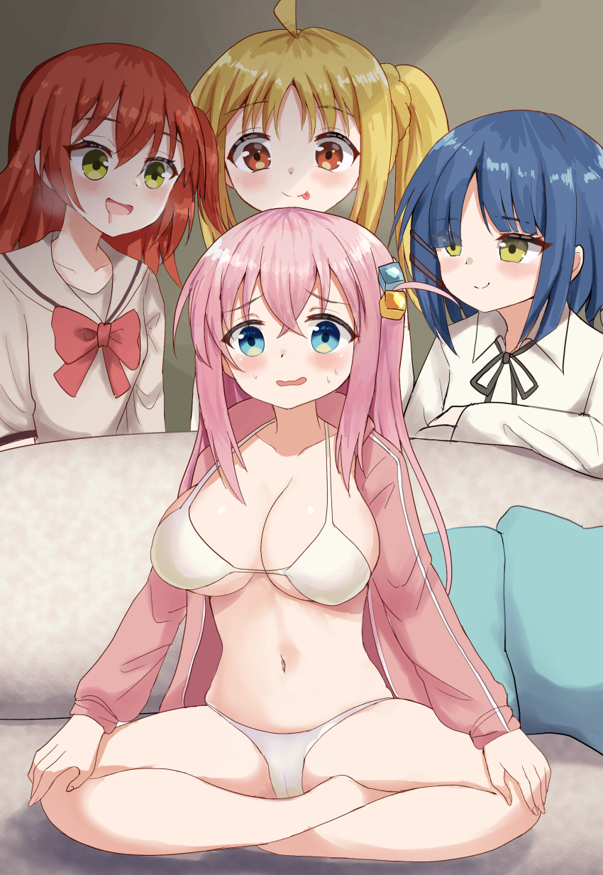 4girls :q absurdres blonde_hair blue_hair blush bocchi_the_rock! breasts brown_eyes couch cube_hair_ornament cushion drooling gotou_hitori green_eyes hair_ornament highres ijichi_nijika kita_ikuyo large_breasts long_hair meme multiple_girls navel on_couch parted_lips piper_perri_surrounded_(meme) red_hair sitting swimsuit tongue tongue_out watarurikka yamada_ryou yuri