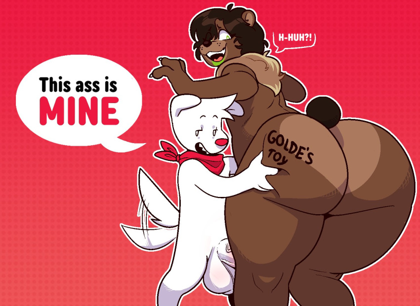 2023 anthro balls bandanna bear bent_over big_balls big_butt body_writing brown_body brown_ears brown_fur brown_hair brown_nose brown_tail brown_tuft butt butt_grab canid canine canis claws digital_media_(artwork) domestic_dog duo english_text fur genitals golde golde_(golde) green_eyes hair hair_over_eye half-closed_eyes hand_on_butt kerchief male mammal motion_lines multicolored_body multicolored_fur narrowed_eyes neck_tuft one_eye_obstructed penis red_background red_bandanna red_kerchief red_nose sharp_teeth short_tail simple_background speech_bubble standing tail tail_motion tailwag teeth text thick_thighs tongue tuft two_tone_body two_tone_fur vein veiny_penis white_body white_ears white_fur white_hair white_tail writing_on_butt