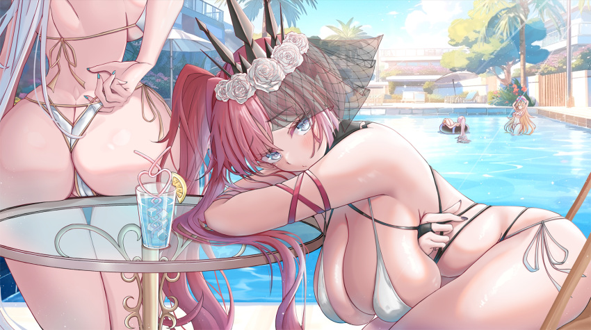 4girls ass ball baobhan_sith_(fate) baobhan_sith_(swimsuit_pretender)_(fate) baobhan_sith_(swimsuit_pretender)_(third_ascension)_(fate) barghest_(fate) barghest_(swimsuit_archer)_(fate) barghest_(swimsuit_archer)_(final_ascension)_(fate) beachball bikini black_nails blue_nails breasts cup drinking_glass fate/grand_order fate_(series) flower grey_eyes hair_flower hair_ornament head_out_of_frame highres innertube kennedukennedy1 large_breasts leaning_forward leaning_on_table long_hair looking_at_viewer melusine_(fate) morgan_le_fay_(fate) morgan_le_fay_(water_princess)_(fate) multiple_girls nail_polish outdoors pink_hair poolside red_hair side_ponytail sideboob sitting solo_focus string_bikini swimsuit table veil white_bikini