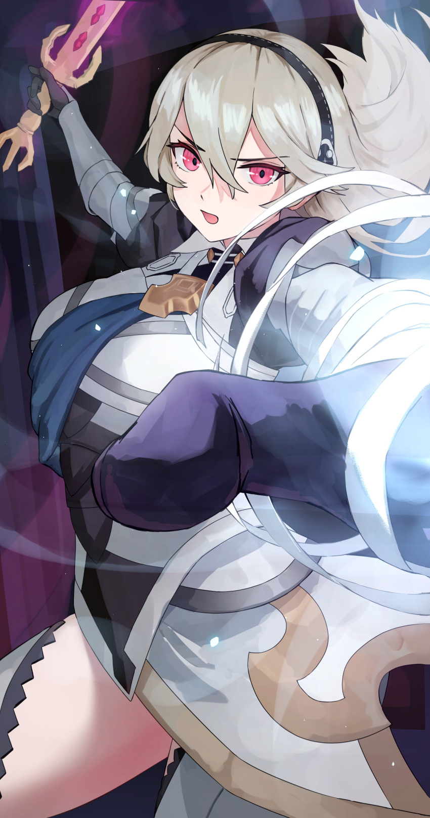 1girl absurdres aiming aiming_at_viewer armor attack black_hairband blue_cape blush cape corrin_(female)_(fire_emblem) corrin_(fire_emblem) fire_emblem fire_emblem_fates gloves hair_between_eyes hairband highres holding holding_sword holding_weapon incoming_attack long_hair looking_at_viewer open_mouth pearlbbbb pointy_ears red_eyes solo sword weapon white_hair yato_(fire_emblem)