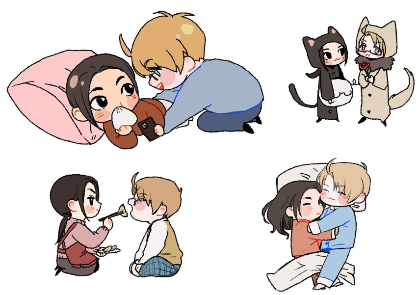 2boys america_(hetalia) animal_ears axis_powers_hetalia baozi black_hair blonde_hair cat_ears cat_tail china_(hetalia) cucciolomax2022 eating food glasses highres low_ponytail multiple_boys pants pillow school_uniform sleeping sleepwear tail