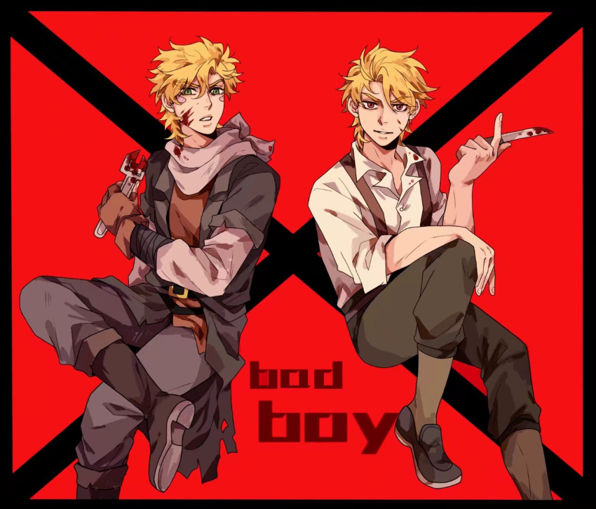 2boys aged_down battle_tendency blonde_hair blood blood_on_face blood_on_weapon caesar_anthonio_zeppeli child crossed_legs dio_brando facial_mark gloves green_eyes holding holding_knife jojo_no_kimyou_na_bouken knife layered_sleeves long_sleeves male_focus multiple_boys phantom_blood red_eyes short_over_long_sleeves short_sleeves suspenders trait_connection weapon zhoujo51