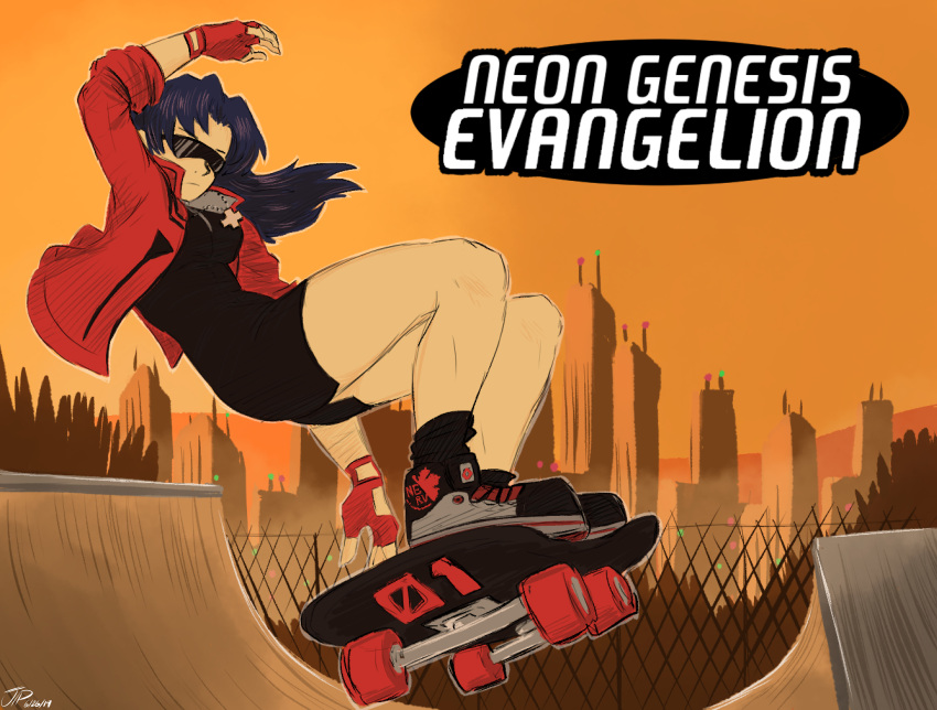 1girl absurdres black_footwear city cross fingerless_gloves gloves highres jacket katsuragi_misato legs neon_genesis_evangelion orange_sky pine_tree purple_hair red_gloves red_jacket skateboard skateboarding sky solo sunglasses tony_hawk's_pro_skater tree videajames