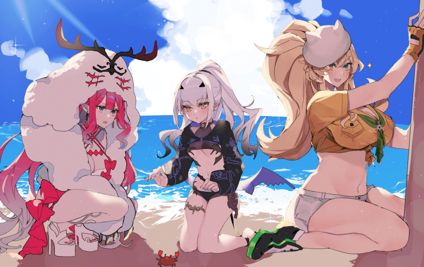 3girls baobhan_sith_(fate) baobhan_sith_(swimsuit_pretender)_(fate) barghest_(fate) barghest_(swimsuit_archer)_(fate) beach blonde_hair blue_nails blue_sky breasts cernunnos_(fate) crab earrings fate/grand_order fate_(series) green_eyes green_neckerchief grey_eyes hair_ornament hairclip hat heterochromia high_heels highres jewelry kneeling large_breasts long_hair medium_breasts melusine_(fate) melusine_(swimsuit_ruler)_(fate) multiple_girls navel neckerchief pink_hair pointy_ears ponytail sand_castle sand_sculpture shrug_(clothing) skirt sky small_breasts squatting stud_earrings thigh_strap uxco0 white_hair white_headwear white_skirt wings yellow_eyes