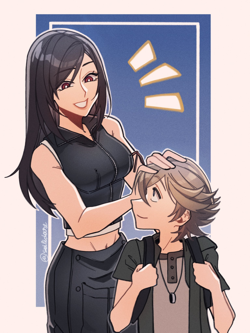 1boy 1girl apron arm_ribbon backpack bag bare_shoulders black_apron black_hair black_vest breasts brown_hair buttons closed_mouth cowboy_shot crop_top denzel english_commentary final_fantasy final_fantasy_vii final_fantasy_vii_advent_children headpat highres large_breasts long_hair looking_at_another male_child midriff_peek motherly navel parted_lips red_eyes red_ribbon ribbon seilidare shirt short_hair short_sleeves smile swept_bangs tank_top tifa_lockhart twitter_username upper_body vest waist_apron white_tank_top