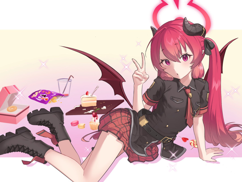 1girl black_footwear black_horns blue_archive boots cake candy cup doughnut drinking_straw english_commentary food hair_ribbon halo highres horns junko_(blue_archive) kekek lollipop long_hair looking_at_viewer macaron necktie pointy_ears red_hair red_necktie red_skirt red_wings ribbon short_sleeves sidelocks simple_background skirt solo sparkle twintails v very_long_hair wings