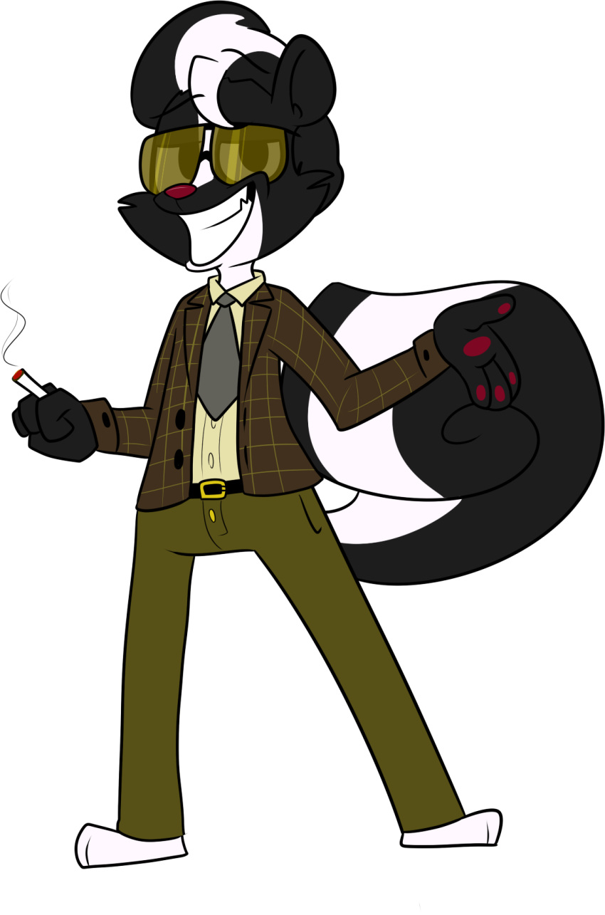 2016 alpha_channel anthro biped black_body black_fur black_hair black_tail bottomwear chokovit_(artist) cigarette clothed clothing colored digital_drawing_(artwork) digital_media_(artwork) donnie_cheatem eyewear feet fur hair hi_res highlights_(coloring) holding_cigarette holding_object jacket leg_markings male mammal markings mature_anthro mature_male mephitid necktie pants pawpads red_nose red_pawpads simple_background skunk skunk_tail socks_(marking) solo standing striped_markings striped_tail stripes sunglasses tail tail_markings topwear transparent_background vest white_feet white_highlights white_markings