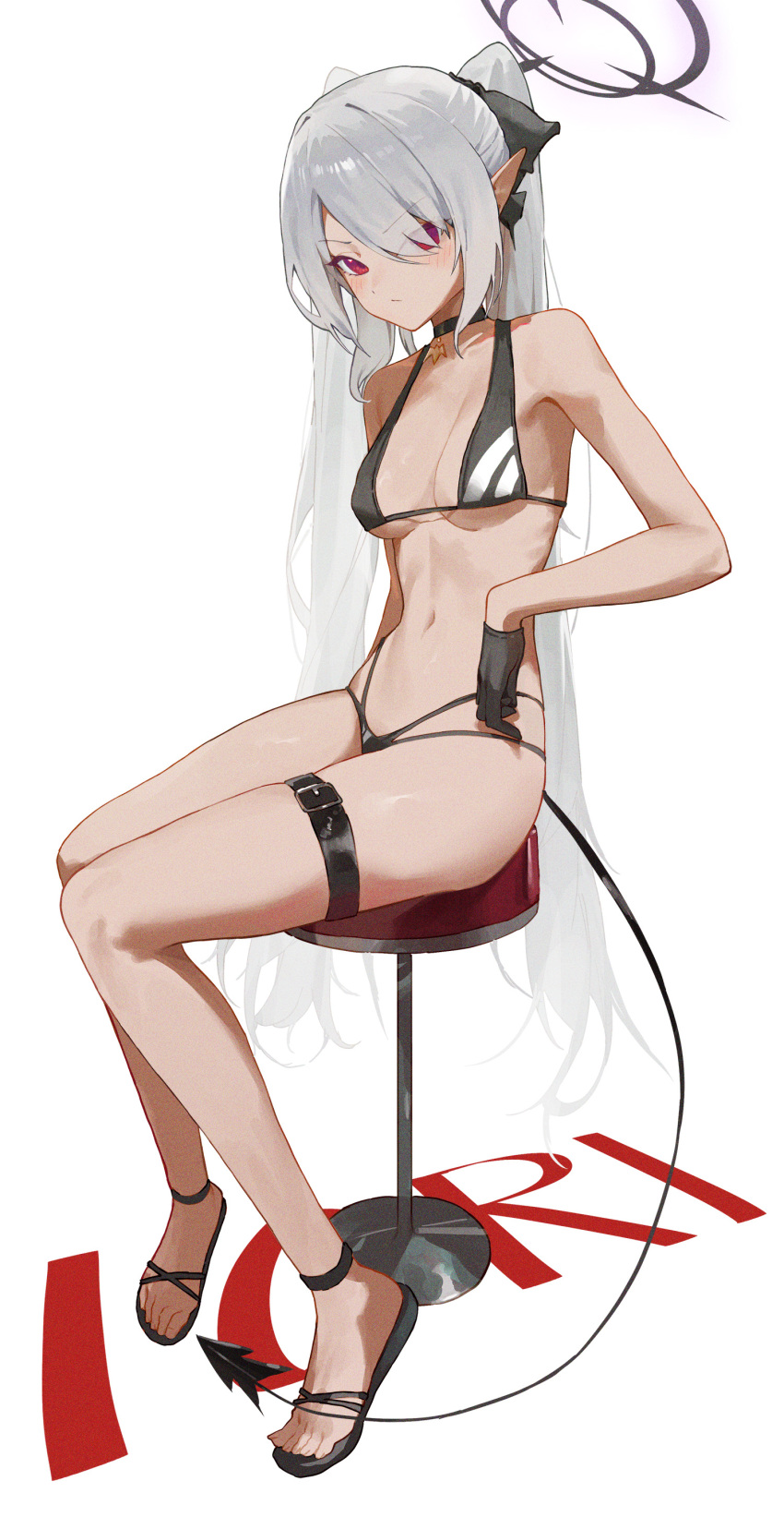 1girl absurdres bikini black_bikini black_gloves blue_archive blush breasts character_name cleavage collarbone demon_tail full_body gloves grey_hair halo highres iori_(blue_archive) iori_(swimsuit)_(blue_archive) kji_(rozo) long_hair looking_at_viewer medium_breasts navel on_stool pointy_ears red_eyes sandals sideways_glance simple_background sitting small_breasts solo swimsuit tail thigh_strap twintails very_long_hair white_background