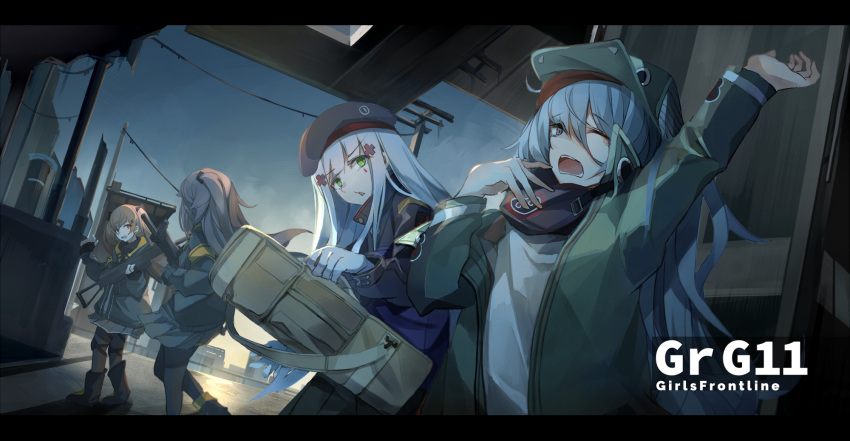 404_(girls'_frontline) 4girls armband beret boots brown_eyes brown_hair character_name commentary facial_mark g11_(girls'_frontline) girls'_frontline gloves green_eyes green_headwear green_jacket grey_eyes grey_hair gun h&amp;k_ump hair_between_eyes hair_ornament hairpin hand_up hat highres hk416_(girls'_frontline) jacket long_hair miyabino_(miyabi1616) multiple_girls one_eye_closed one_side_up open_clothes open_jacket open_mouth pantyhose pleated_skirt skirt standing stretching submachine_gun teardrop teardrop_facial_mark teardrop_tattoo ump45_(girls'_frontline) ump9_(girls'_frontline) weapon white_hair yawning yellow_armband