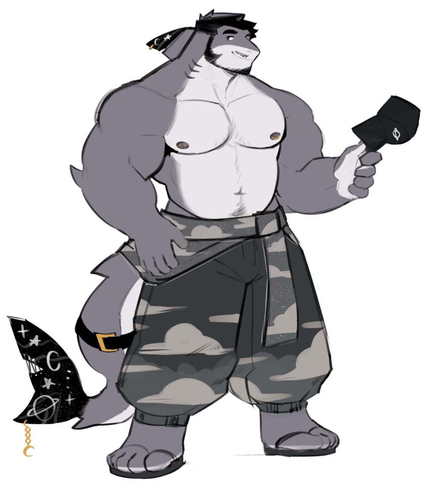 anthro body_hair bottomwear chest_hair clothing facial_hair feet fin fish hat headgear headwear hi_res marine musclegut oceanmoose pants shark shirtless_anthro shirtless_male source_request tagme tail toes