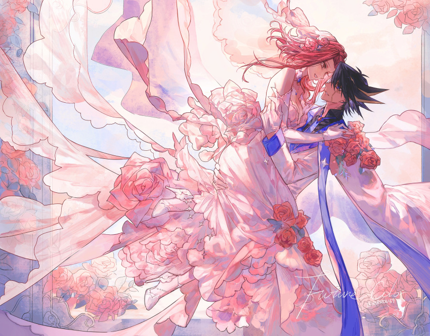 1boy 1girl absurdres bare_shoulders blonde_hair blue_eyes blush bouquet breasts bridal_gauntlets bridal_veil bride brown_eyes choker cleavage collarbone couple dress elbow_gloves flower frills fudou_yuusei gloves groom hair_ornament highres holding holding_bouquet husband_and_wife izayoi_aki jewelry long_hair multicolored_hair naoki_(2rzmcaizerails6) necklace open_mouth ornate_ring red_choker red_hair ring rose short_hair smile spiked_hair strapless strapless_dress tuxedo veil wedding wedding_dress wedding_ring white_dress white_flower white_gloves white_rose yu-gi-oh! yu-gi-oh!_5d's
