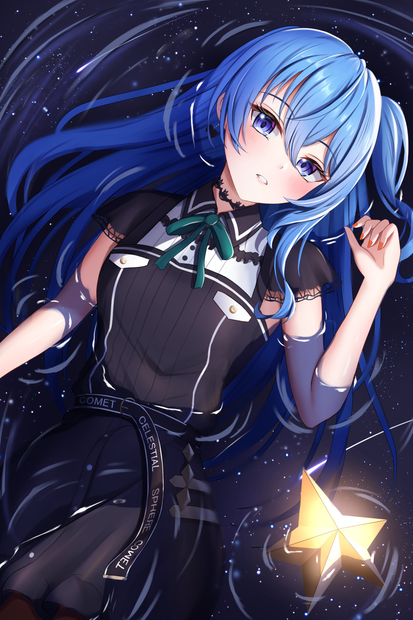 1girl absurdres black_choker black_dress blue_eyes blue_hair blush bow bow_earrings choker dress earrings highres hololive hoshimachi_suisei hoshimachi_suisei_(3rd_costume) jewelry lace-trimmed_choker lace-trimmed_sleeves lace_trim long_hair looking_at_viewer lying nail_polish official_alternate_costume on_back orange_nails short_sleeves shouhaku0512 side_ponytail star_(sky) star_(symbol) star_in_eye symbol_in_eye virtual_youtuber water