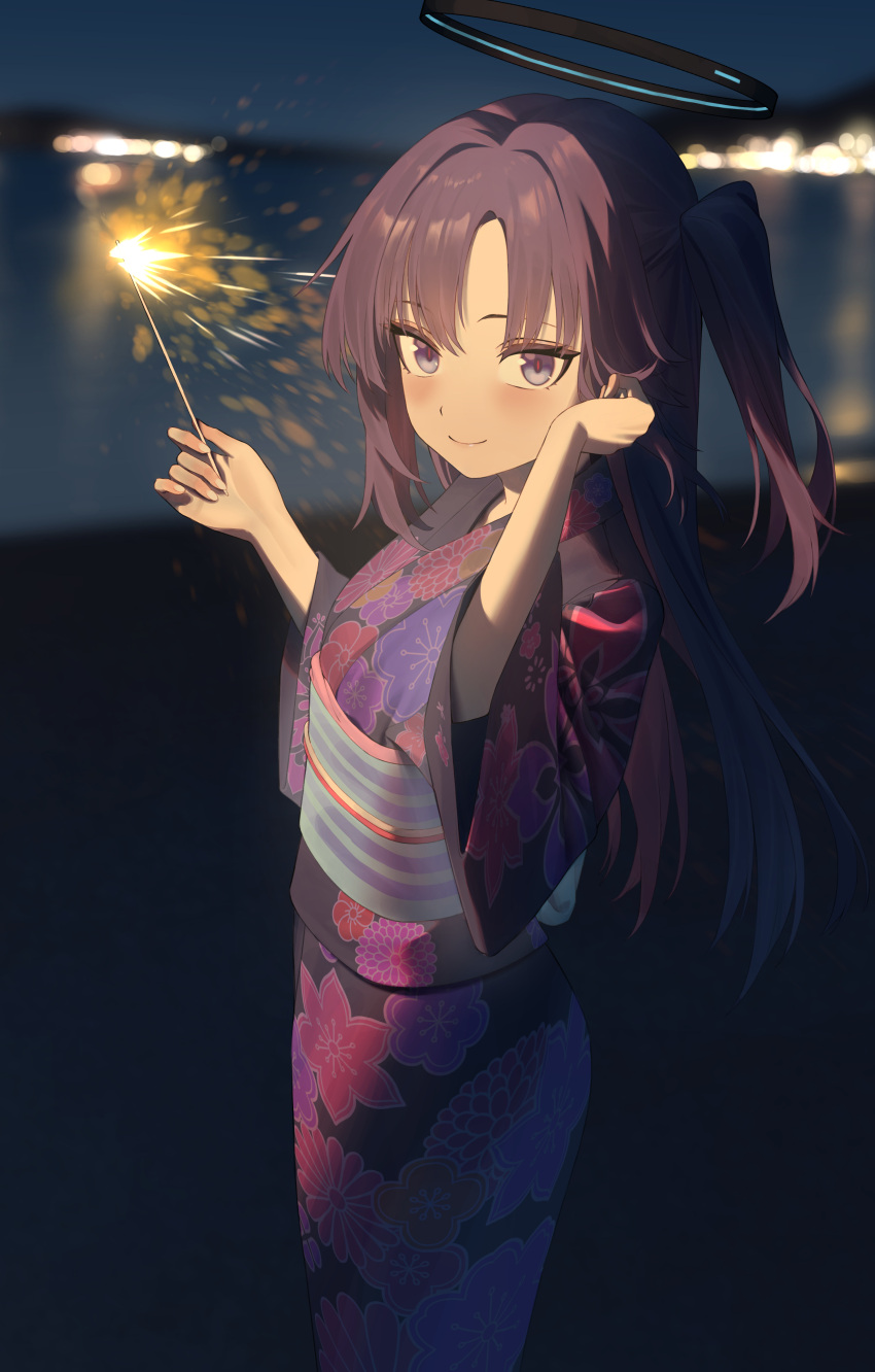 1girl absurdres alternate_costume beach blue_archive blurry blurry_background blush breasts city_lights clear_sky clenched_hand closed_mouth commentary fireworks floral_print from_side hair_intakes halo hand_in_own_hair head_tilt highres holding_fireworks japanese_clothes kimono large_breasts long_hair long_sleeves looking_at_viewer mechanical_halo mr-shin night night_sky obi obiage obijime one_side_up outdoors parted_bangs print_kimono purple_eyes purple_hair sash scenery sidelocks sky smile solo sparkler water wide_sleeves yukata yuuka_(blue_archive)