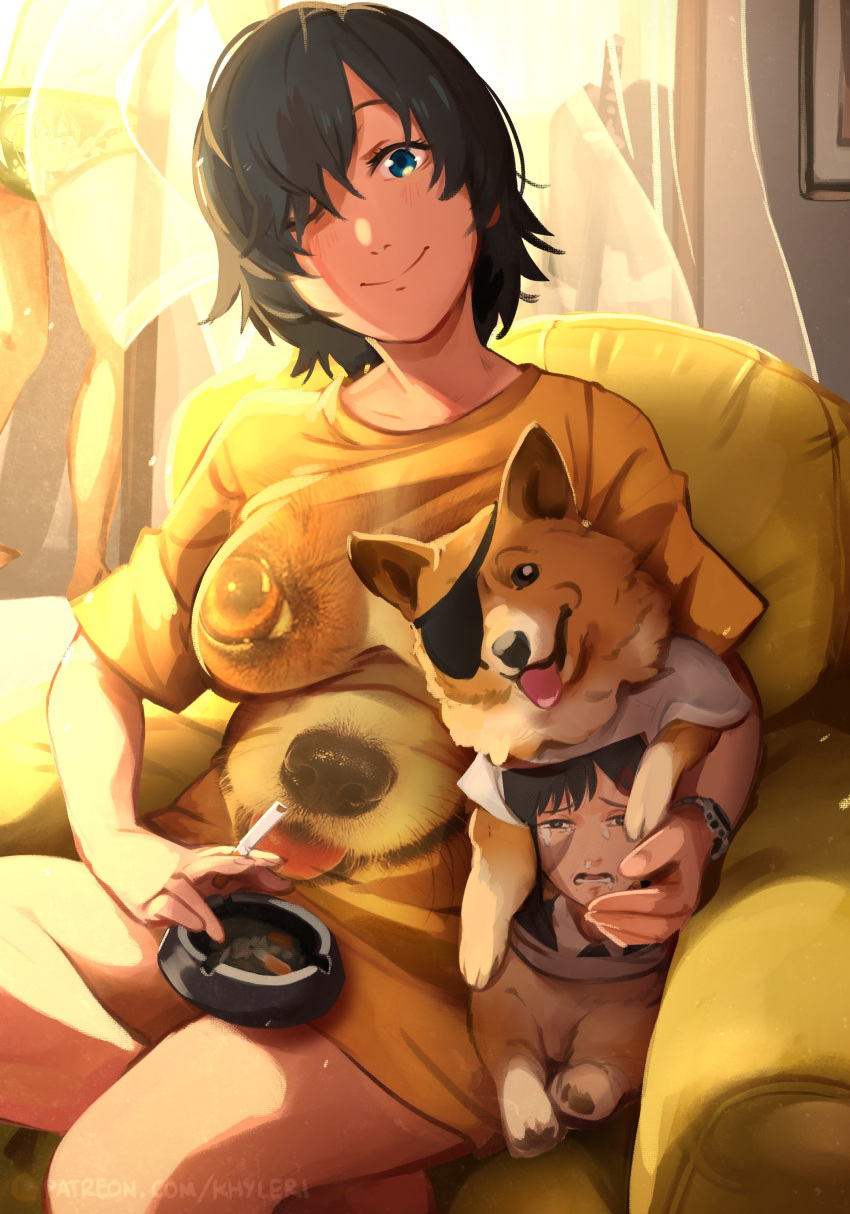 1girl absurdres armchair breasts chainsaw_man chair cigarette closed_mouth dog higashiyama_kobeni highres himeno_(chainsaw_man) holding holding_cigarette khyle. looking_at_viewer shirt sitting smile tongue tongue_out watch wristwatch