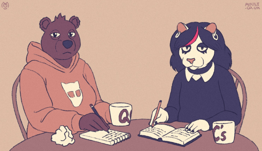 bear book catti_(deltarune) chair coffee_mug container cup deltarune domestic_cat duo felid feline felis female female/female furniture mammal moult_(artist) night_in_the_woods notebook on_chair pencil_(object) selmers_ann_forrester sitting sitting_on_chair table undertale_(series) writing_utensil