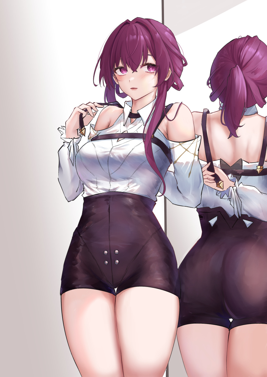 1girl absurdres arm_behind_back ass bare_shoulders black_shorts breasts commentary cowboy_shot high-waist_shorts highres honkai:_star_rail honkai_(series) kafka_(honkai:_star_rail) large_breasts long_sleeves mirror ponytail purple_eyes purple_hair reflection shirt short_shorts shorts solo standing thighs white_shirt yawww_(yawwwart)