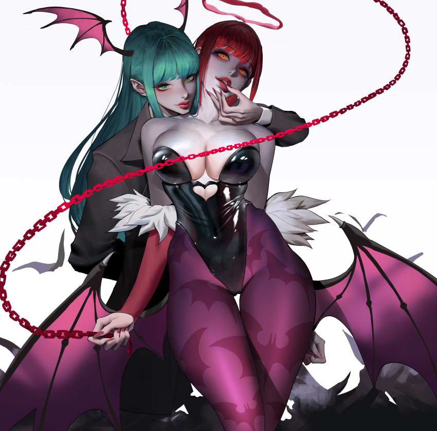 2girls absurdres animal_print bare_shoulders bat_print breasts chain chainsaw_man cleavage cosplay covered_navel finger_in_another's_mouth fur_trim grey_background halo head_wings highres holding large_breasts leotard long_hair makima_(chainsaw_man) makima_(chainsaw_man)_(cosplay) morrigan_aensland morrigan_aensland_(cosplay) multiple_girls pantyhose print_pantyhose red_hair red_nails simple_background smile strapless strapless_leotard vampire_(game) wings wonbin_lee