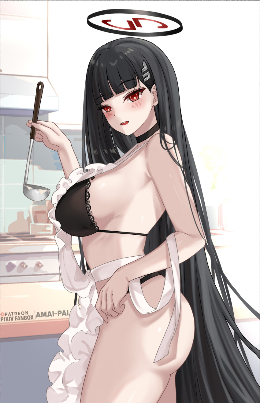 1girl amai-pai apron ass black_bra black_choker black_hair black_panties blue_archive bra breasts choker cooking frilled_apron frills from_side halo highres holding holding_ladle lace-trimmed_bra lace_trim ladle large_breasts long_hair looking_at_viewer nearly_naked_apron panties red_eyes rio_(blue_archive) solo stove underwear very_long_hair