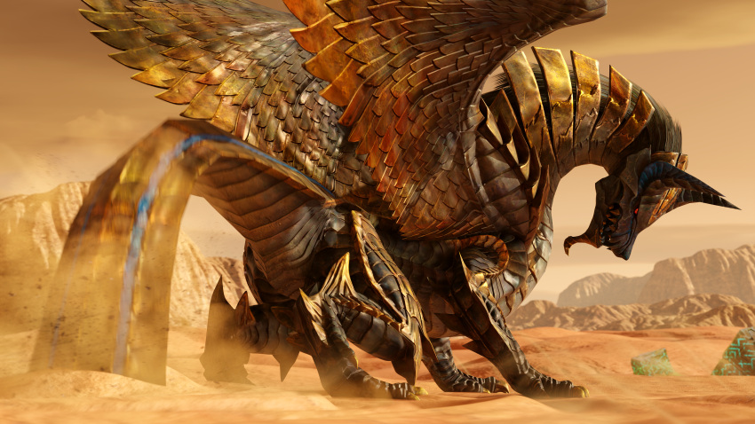 16:9 2023 3d_(artwork) 4k absurd_res ambiguous_gender black_body black_scales butt capcom claws desert detailed_background digital_media_(artwork) dragon elder_dragon feral hair hi_res ivorylagiacrus looking_at_viewer looking_back looking_back_at_viewer low-angle_view monster_hunter mountain nef-garmat open_mouth outside presenting presenting_hindquarters prick_ears quicksand red_eyes sand scales scalie sharp_teeth sky solo spikes tail teeth widescreen wings yellow_body yellow_scales