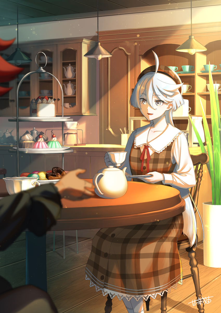 2girls absurdres ahoge buttons cabinet cake chair checkered_clothes checkered_dress cup dress food frilled_dress frills grey_eyes grey_hair gundam gundam_suisei_no_majo highres holding holding_cup holding_plate kettle kitchen light long_hair long_sleeves miorine_rembran multiple_girls on_chair open_mouth out_of_frame plant plate potted_plant raito_(latek) red_hair red_ribbon ribbon sitting suletta_mercury table