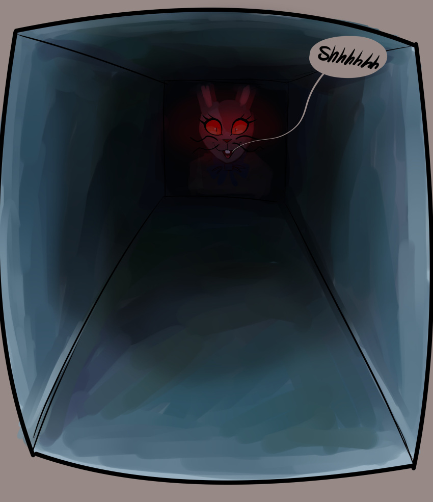 2023 absurd_res buckteeth digital_media_(artwork) english_text eyelashes female five_nights_at_freddy's five_nights_at_freddy's:_security_breach hi_res hiding humanoid in_vent isolatedartest lagomorph leporid mammal markings multicolored_body open_mouth rabbit red_eyes scottgames shaded shadowy_figure solo speech_bubble steel_wool_studios teeth text vanny_(fnaf) vent whisker_markings