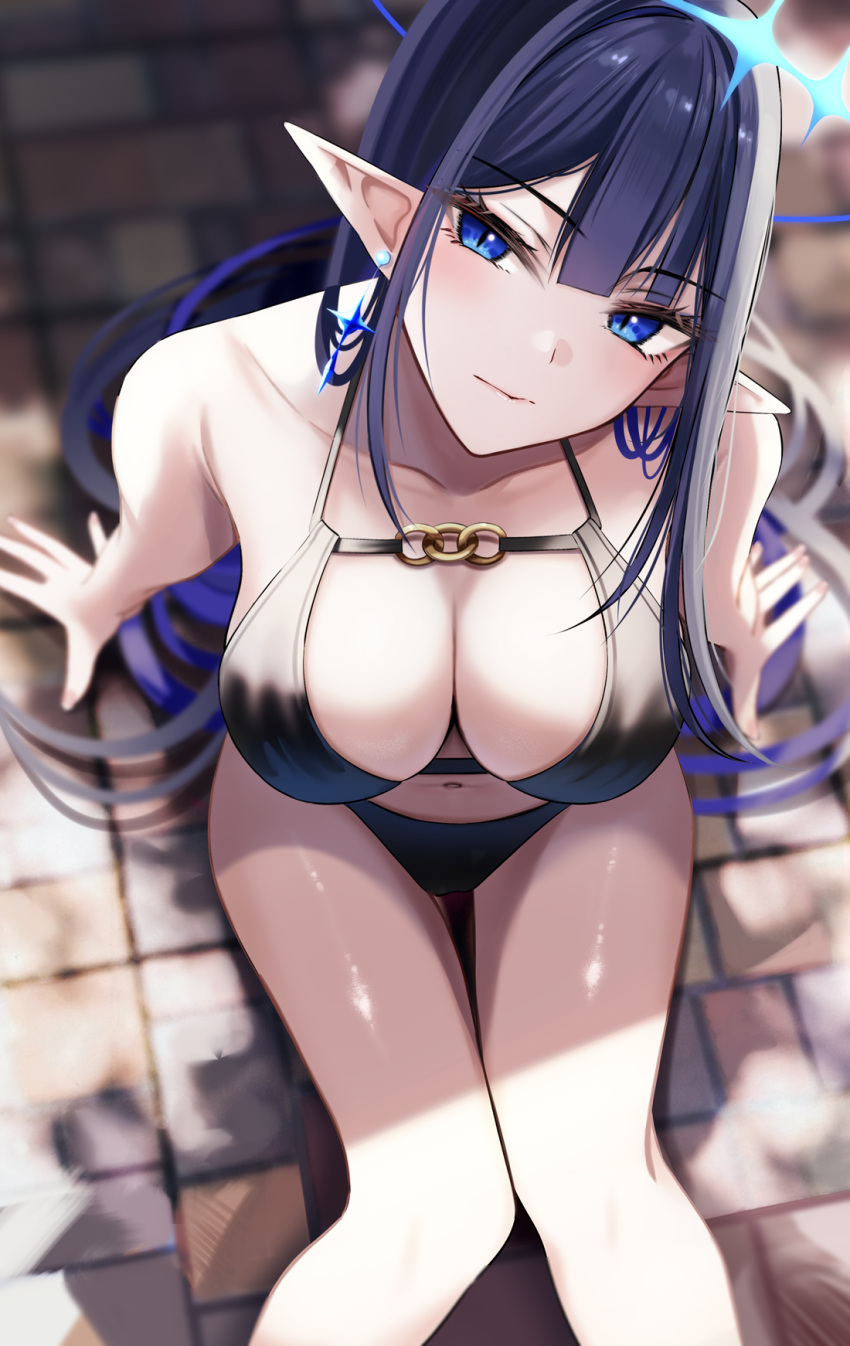 1girl alternate_costume bare_legs bikini black_bikini black_hair blue_archive blue_eyes blue_hair blush breasts brick_floor cleavage collarbone colored_inner_hair feet_out_of_frame halo head_tilt highres large_breasts looking_at_viewer looking_up multicolored_hair navel nicky_w on_ground pointy_ears rin_(blue_archive) sitting solo swimsuit two-tone_hair
