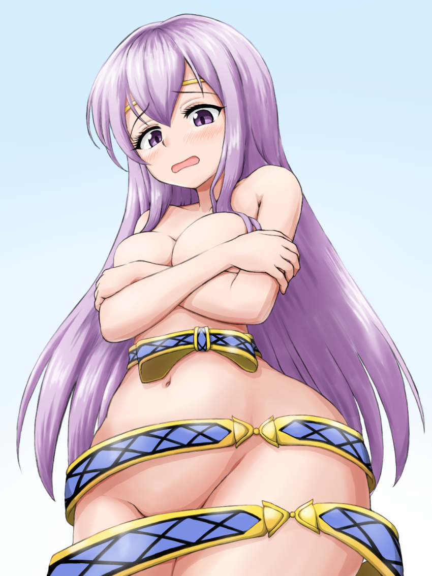 1girl bare_shoulders blush breasts circlet convenient_censoring covering_breasts covering_privates embarrassed fire_emblem fire_emblem:_genealogy_of_the_holy_war highres julia_(fire_emblem) large_breasts long_hair open_mouth purple_eyes purple_hair simple_background solo topless yass_hero