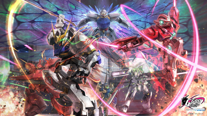 attack bazooka_(gundam) beam_rifle char's_counterattack commentary_request debris dual_wielding energy_gun explosion eye_trail firing flying glowing glowing_eyes green_eyes gun gundam gundam_00 gundam_barbatos gundam_exia gundam_tekketsu_no_orphans highres holding holding_gun holding_sword holding_weapon hukutuuprunes light_trail mecha methuss mobile_suit moonlight_butterfly no_humans nu_gundam official_art one-eyed robot sazabi science_fiction shield slashing sparks standing sword trans-am turn_a_gundam turn_a_gundam_(mobile_suit) v-fin weapon yellow_eyes zeta_gundam