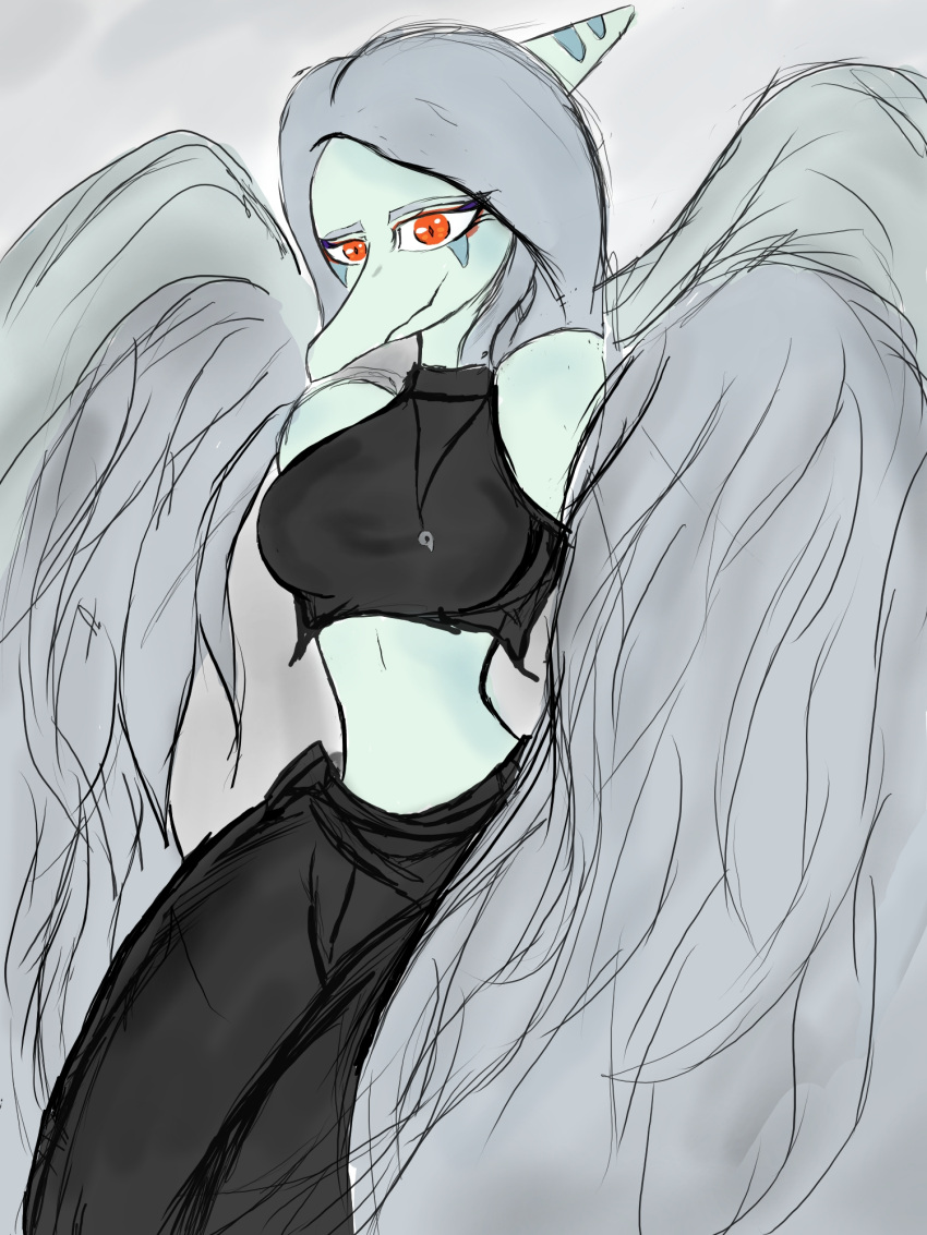 2023 3:4 amber_eyes anthro black_bottomwear black_clothing black_jeans black_pants bottomwear breasts clothing crop_top curvy_figure denim denim_clothing digital_drawing_(artwork) digital_media_(artwork) dinosaur eyelashes eyeliner fang_(gvh) feathered_wings feathers female goodbye_volcano_high grey_background grey_body grey_scales hair halter_top hi_res jeans jewelry jorgeroman574 long_hair looking_at_viewer makeup midriff necklace pants pterodactylus pterosaur reptile scales scalie shirt silver_hair simple_background small_waist smile snoot_game snout solo thick_thighs topwear wide_hips wings