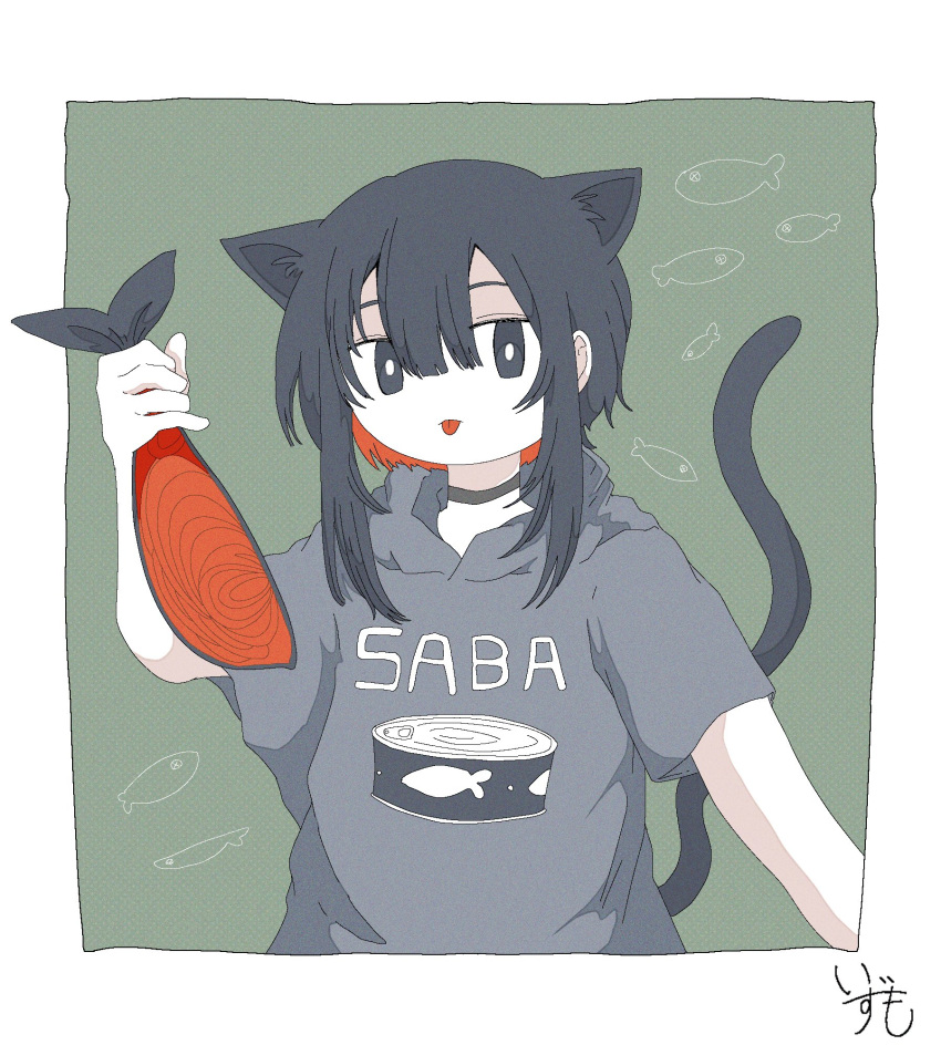 1girl animal animal_ears artist_name ashi_izumo black_choker black_eyes black_hair black_tail border bright_pupils cat_ears cat_girl cat_tail choker clothes_writing commentary double-parted_bangs fish green_background grey_hoodie hand_up highres holding holding_animal holding_fish hood hood_down hoodie looking_at_viewer multicolored_hair orange_hair original print_shirt shirt short_sleeves sidelocks simple_background solo straight-on tail tongue tongue_out two-tone_hair upper_body white_border white_pupils