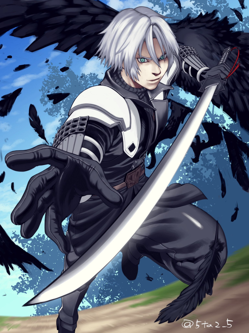 1boy 5tatsu aged_down aqua_eyes armor bird black_bird black_feathers black_footwear black_gloves black_jacket black_pants black_shirt boots falling_feathers feathers fighting_stance final_fantasy_vii_ever_crisis gloves grey_hair hair_between_eyes highres holding holding_sword holding_weapon jacket male_focus outdoors outstretched_hand pants parted_bangs sephiroth shirt short_hair shoulder_armor slit_pupils smile solo sweater sword tree turtleneck turtleneck_sweater twitter_username weapon