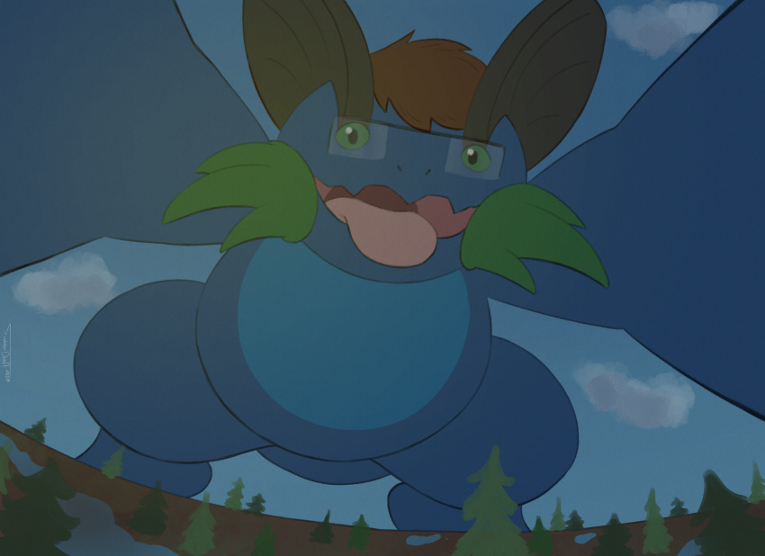 2020 azar_(latiosdude) blue_body cloud featureless_crotch feral generation_3_pokemon green_eyes hi_res looking_at_viewer macro male nintendo open_mouth plant pokemon pokemon_(species) solo suddendraft swampert tongue tongue_out tree