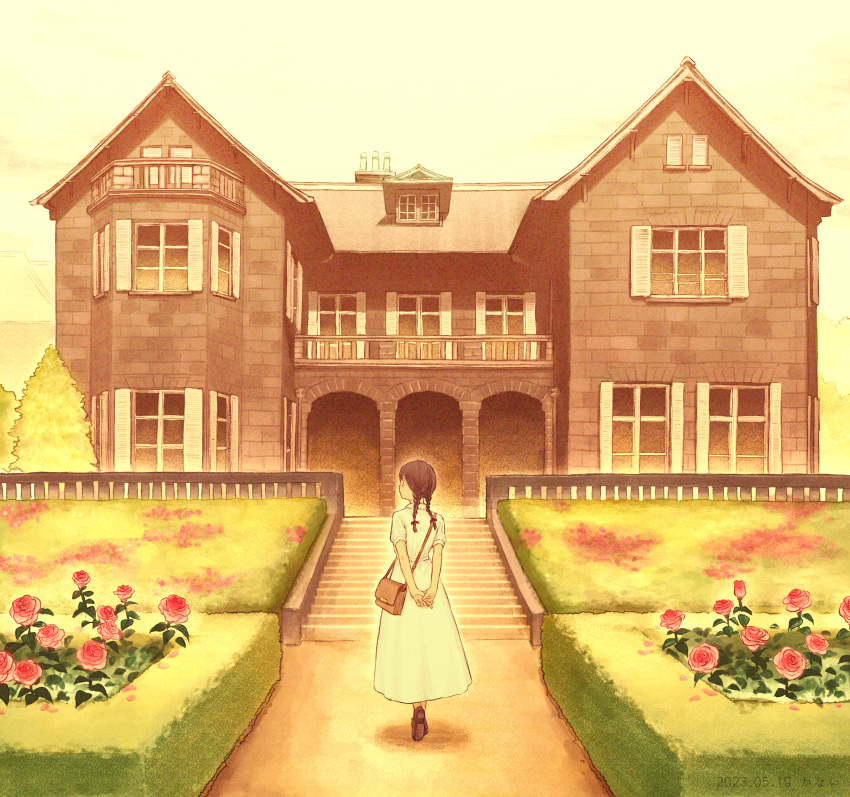 1girl absurdres bag black_hair braid building dress flower full_body garden handbag highres kanai_(nai_nai) mansion original outdoors own_hands_together real_world_location red_flower red_rose rose sky solo stairs twin_braids white_dress