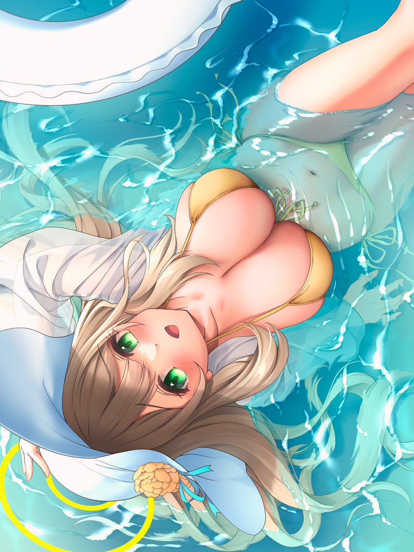 1girl afloat awa_yume bikini blue_archive blush breasts cleavage collarbone flower front-tie_top green_eyes halo hat hat_flower hat_ribbon highres innertube jacket large_breasts light_brown_hair long_hair looking_at_viewer navel nonomi_(blue_archive) nonomi_(swimsuit)_(blue_archive) official_alternate_costume open_mouth outdoors partially_submerged ribbon see-through see-through_jacket side-tie_bikini_bottom smile solo sun_hat swimsuit water white_headwear yellow_bikini