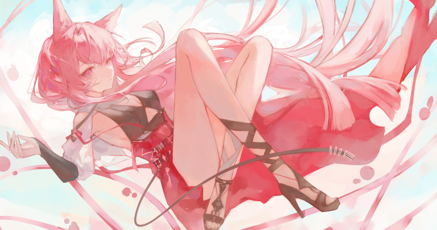 1girl absurdly_long_hair animal_ears arknights black_bra bra breasts cleavage closed_mouth commentary_request convenient_leg crossed_ankles expressionless full_body hand_up high-waist_skirt high_heels highres knees_up lch long_hair looking_at_viewer pink_eyes pink_hair pozyomka_(arknights) red_skirt skirt solo underwear very_long_hair wolf_ears wolf_girl