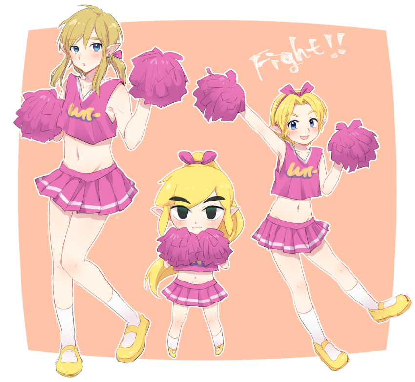 2020 black_eyes blonde_hair blue_eyes cheerleader clothed clothing crossdressing english_text footwear girly group hair hi_res humanoid humanoid_pointy_ears hylian light_body light_skin link louol9 male nintendo not_furry pom_poms simple_background square_crossover text the_legend_of_zelda toon_link trio wind_waker young_link