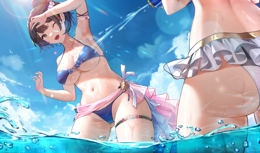 2girls :d absurdres air_bubble arm_up armband armpits ass ass_visible_through_thighs back bikini black_hair blue_bikini blue_sky breasts brown_hair bubble cleavage cloud collarbone day frilled_bikini frills head_out_of_frame highres large_breasts lens_flare looking_at_another multiple_girls one_eye_closed original outdoors partially_submerged sarong shuiruoqing sky smile splashing standing swimsuit teeth thigh_strap thighs underboob upper_teeth_only wading water_drop wet white_bikini