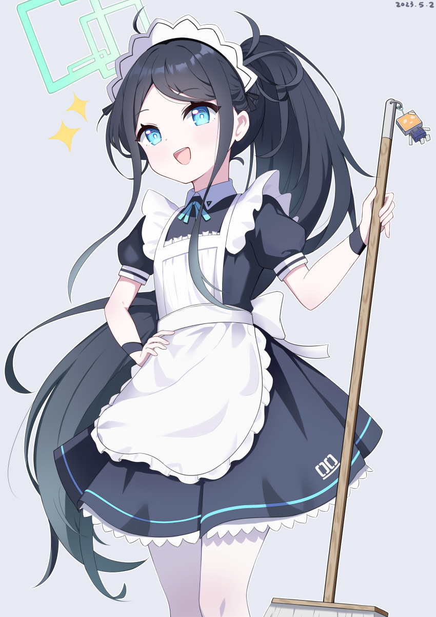 &lt;key&gt;_(robot)_(blue_archive) 1girl absurdly_long_hair absurdres apron aris_(blue_archive) aris_(maid)_(blue_archive) black_hair blue_archive blue_eyes commentary_request exusiai_dust frilled_apron frills halo hand_on_own_hip highres holding holding_mop long_hair looking_at_viewer maid maid_apron maid_headdress mop parted_bangs ponytail short_sleeves sidelocks simple_background solo sparkle very_long_hair white_apron white_background wristband