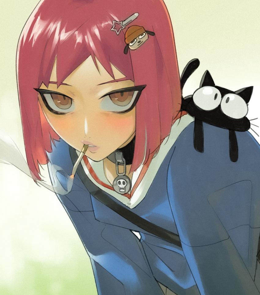 1girl animal animal_on_shoulder black_cat blue_serafuku brown_eyes cat cigarette commentary flcl gradient_background hair_ornament hairclip highres light_blush long_sleeves looking_at_viewer parappa parappa_the_rapper pendant_choker red_hair sailor_collar samejima_mamimi school_uniform serafuku short_hair smoke smoking solo star_(symbol) symbol-only_commentary takkun_(flcl) vinne white_sailor_collar