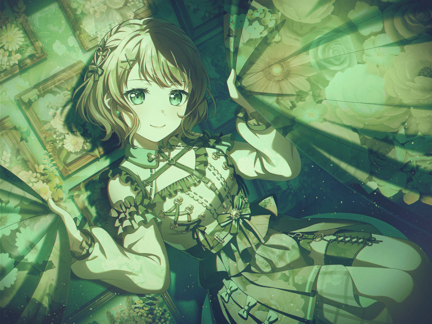 1girl bang_dream! bow braid brown_hair chest_harness clothing_cutout curtains floral_background floral_print flower frills garter_straps green_eyes green_theme hair_bow hair_ornament hairclip hands_up harness high-waist_skirt lapel_pin no_eyewear official_art picture_frame short_hair shoulder_cutout side_slit skirt smile solo swept_bangs thigh_strap third-party_source vignetting wavy_hair x_hair_ornament yamato_maya