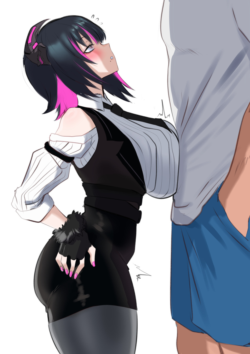 1boy 1girl anerissa_ravencroft black_hair blush breast_press breasts colored_inner_hair demon_horns flying_sweatdrops from_side fur_trim height_difference highres hololive hololive_english horns huge_breasts mole mole_under_mouth multicolored_hair nail_polish pantyhose pink_hair pink_nails redi_(rasec_asdjh) short_hair shortstack simple_background skin_tight solo_focus two-tone_hair virtual_youtuber white_background